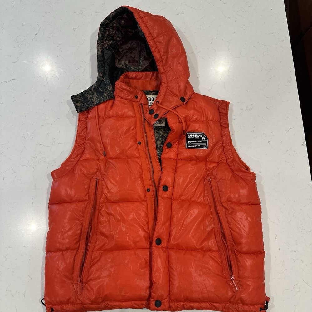Vintage Y2K AKOO Mens XL Red Puffer Vest Solid Hooded Camo Lined Quilted 90s